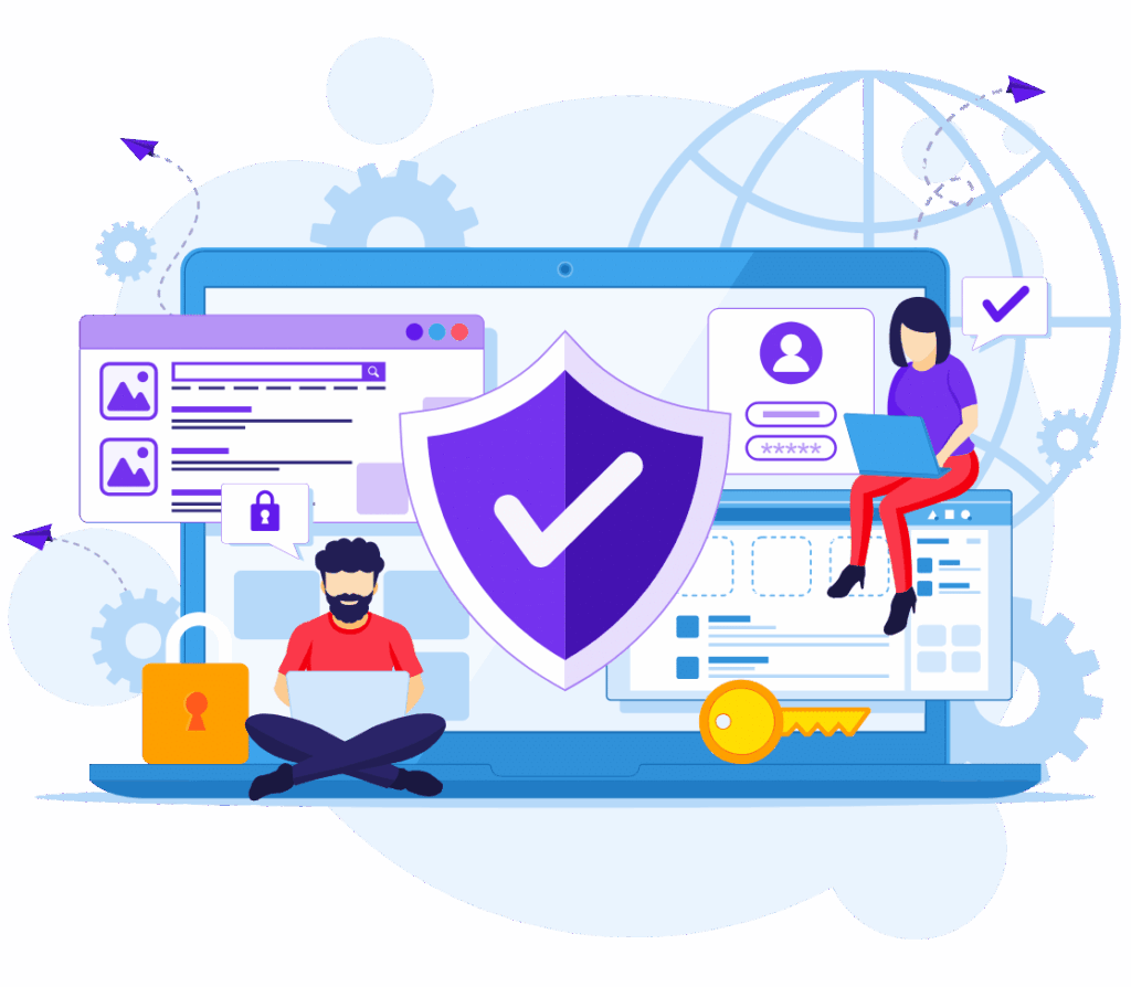 Illustration of online security showing a shield with a checkmark, login screens, and users on a laptop.
