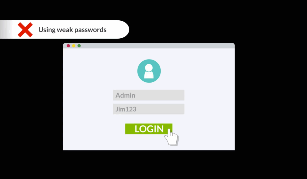 Login screen showing a weak password warning and a cursor clicking the Login button.