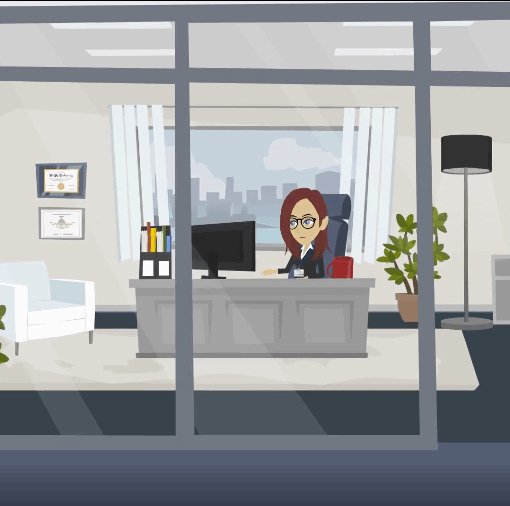 Illustrated office scene with a cyber security professional sitting at a desk behind a computer, viewed through a glass wall.
