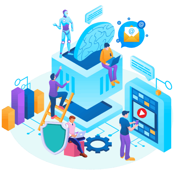 Animated illustration of people and AI systems collaborating around a digital brain, computers and data interface.