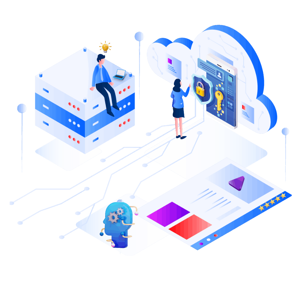 Illustration of cloud security showing connected systems and people protecting data with a padlock and key icon.