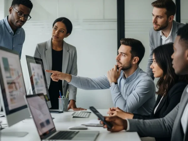A team of cyber security professionals collaborating around computer screens during an office meeting.