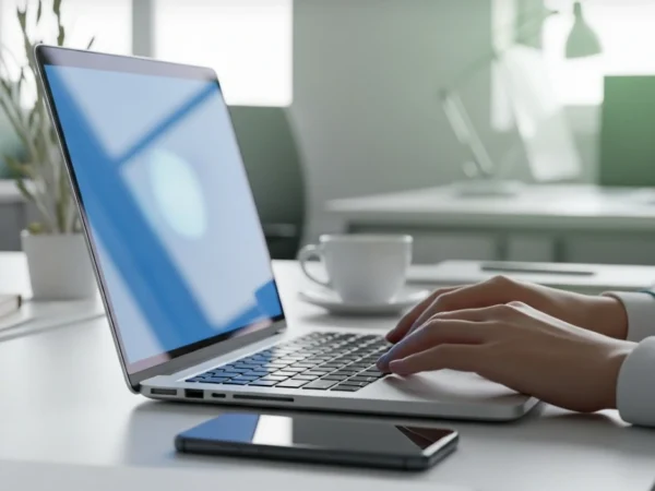 Hands typing on a laptop at a clean office desk with a phone and coffee nearby.