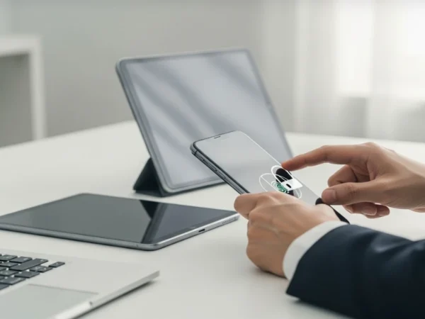 Person using a mobile device at a desk with a laptop and tablet nearby.