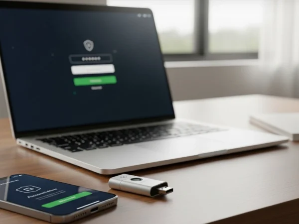 Laptop displaying a login and password screen with USB drive and smartphone on a desk.