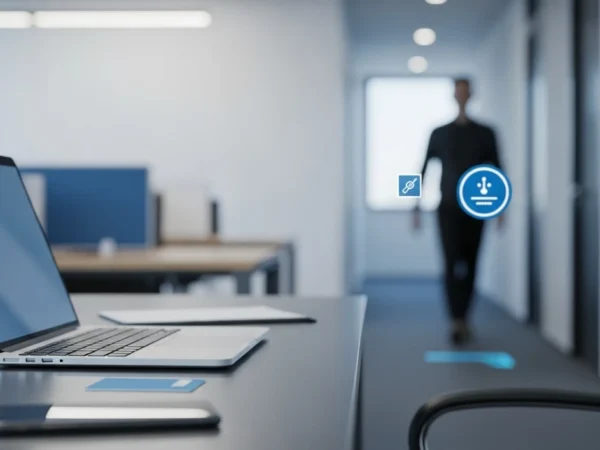 Laptop and phone on a desk with a blurred person approaching in an office hallway.