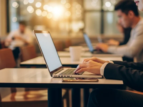 Person using a laptop at a café-style workspace, with the device and a phone left visible on the table while others work in the background.