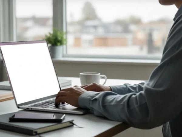 Person typing on a laptop at a desk with a coffee mug, notebook, and phone by a window browsing the web safely.