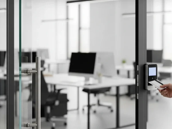 Person using a key card to access a modern office through a glass door with a secure entry reader.