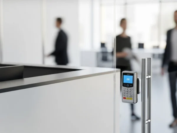 Access control keypad mounted on a glass office door, with blurred people walking in the background behind the front desk.