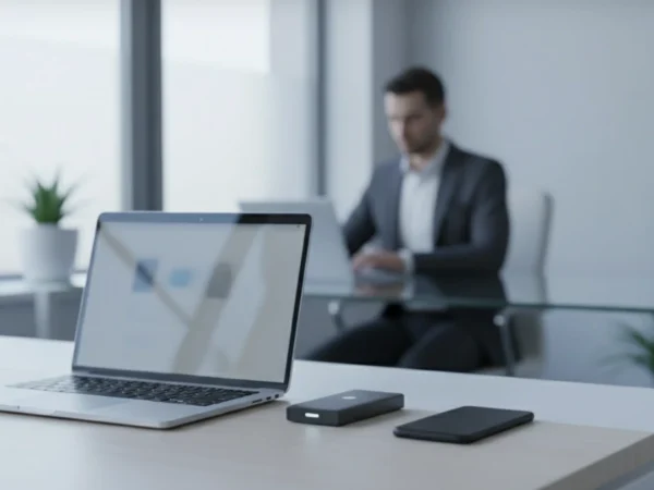 Finance Manager working in an office with business devices, highlighting cyber security awareness, fraud prevention, and the protection of sensitive financial information.