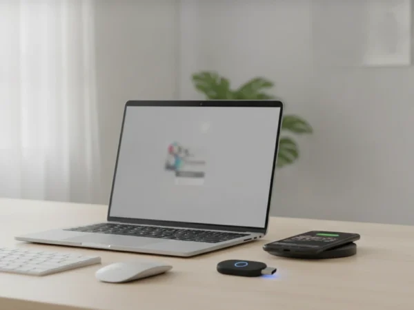 Multi-factor authentication setup with laptop, smartphone and security token, demonstrating MFA security, account protection and cyber awareness training.