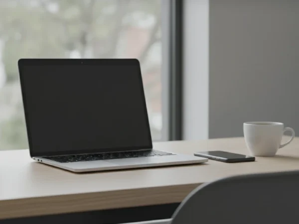 Remote work home office setup with laptop, smartphone, notebook and coffee on a desk, illustrating secure and productive hybrid working.