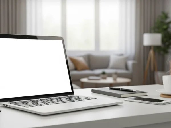 Modern workspace with laptop and smartphone on a desk, illustrating social media cyber awareness, online safety and professional digital communication.