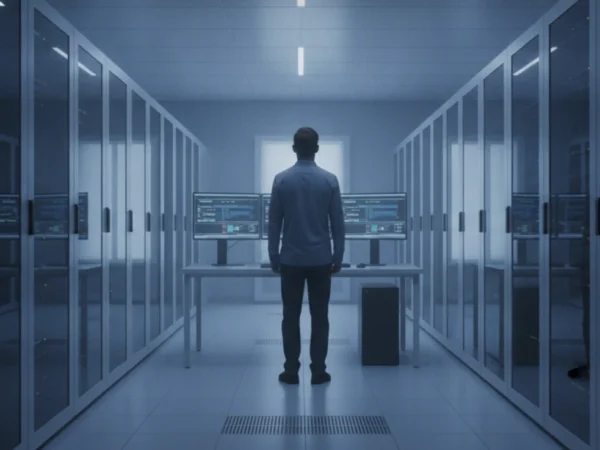 System Administrator monitoring servers and network systems in a data centre, representing cyber security, IT infrastructure management, and system administration.