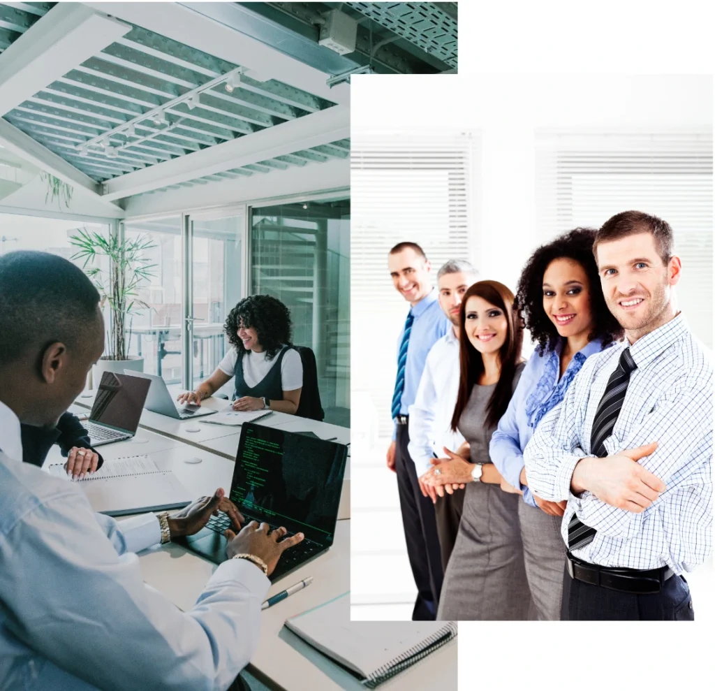 Two overlapping images of office workers